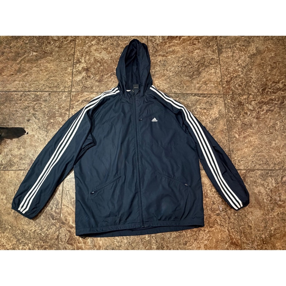 Adidas Mens Navy Blue Three Stripe Hooded Windbreaker Jacket XL 767222